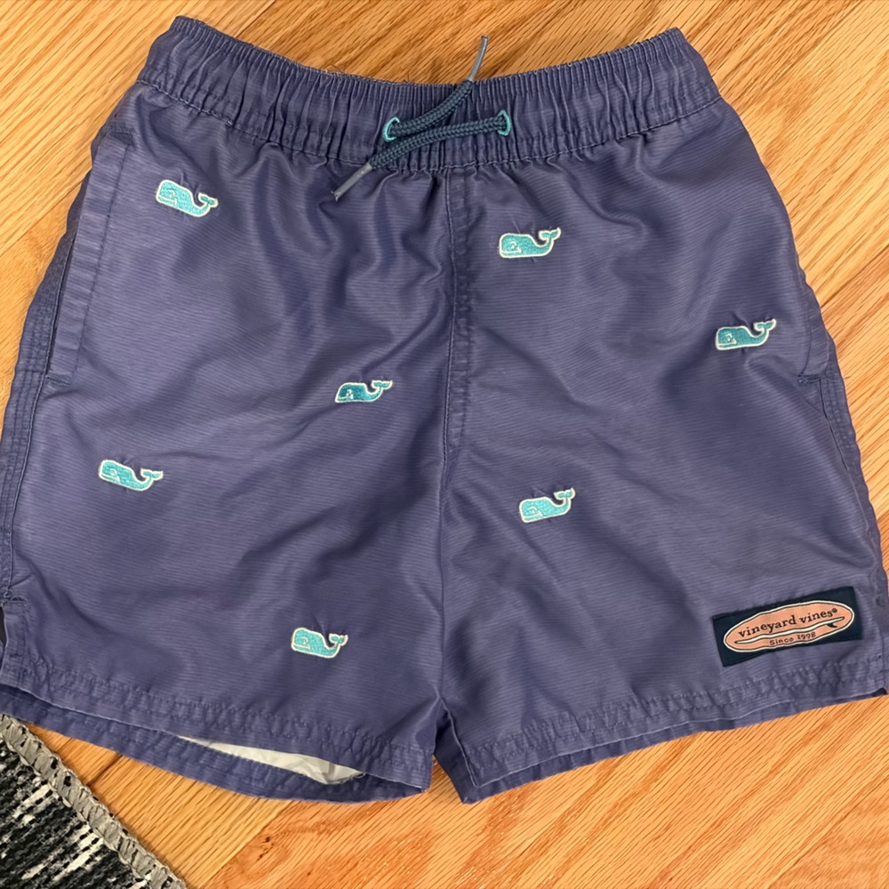 Vineyard Vines Kids Swim Trunks - Navy with Teal Whales
